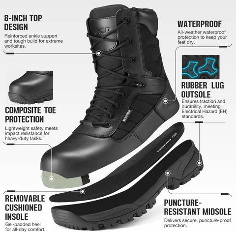 Composite Toe Work Boots For Men With Side Zipper Waterproof Leather Non Slip And Puncture Proof Safety Shoes Lightweight 8 Inch