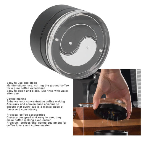 Heavy Duty 58 Millimeter Espresso Distribution Tool With Smooth Bearing Rotation Stainless Steel Needle coffee leveler being used.