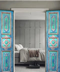 Hand Carved Authentic Barn Doors Custom Size For Interior Or Exterior Entrance Front Doors Double Or Single Hinged Or Sliding Rustic Farmhouse Vibe Antique Style Door No Glass Or Hardware Included two blue rustic doors in bedroom entry