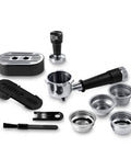 Barista Worthy Home Espresso Machine accessories with 15 Bar Pump and Italian Stainless Steel Design tools shown.