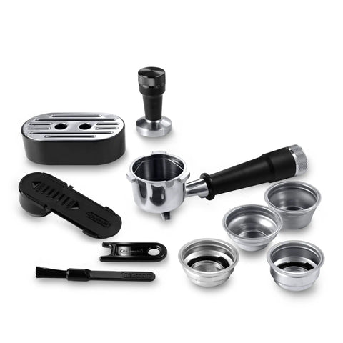 Barista Worthy Home Espresso Machine accessories with 15 Bar Pump and Italian Stainless Steel Design tools shown.
