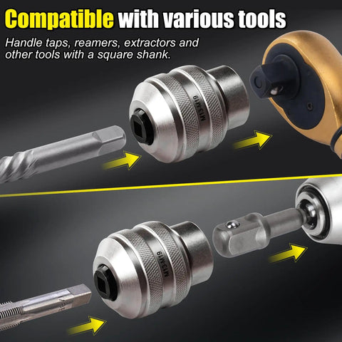 Heavy Duty Tap Socket Set With Adjustable Handle 6 Piece CR MO Steel Kit Including Metric M3 To M19 Sockets And One Quarter Three Eighths One Half Inch Adapters Extraction Tool For Quick Slip Free Fastening shown with various tools