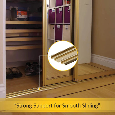 By Pass Mirror Door Bottom Track 72 Inch Length Champagne Gold Finish Double Grooved Rail installed in closet