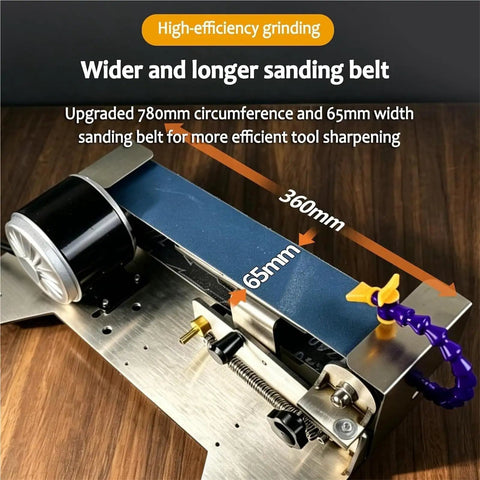 Straight Up Heavy Duty Wet Bench Grinder Featuring Electric Circulating Water Coolant System And Dead On Belt Alignment showing 780mm sanding belt for efficient sharpening.