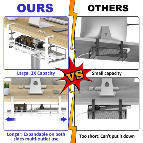 Comparison of 15.7 Inch Under Desk Cable Management Tray No Drill Clamp Mount vs smaller wire organizer, showcasing capacity differences.