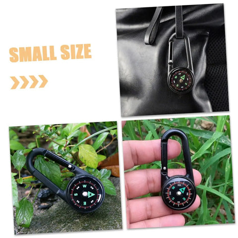 Two Pack Outdoor Hiking Compass With Carabiner Keychain on backpack, black compass in hand and on rock trail.