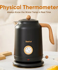 Heavy Duty 1.7L Electric Kettle With Thermometer, 1200W Fast Boil, 304 Stainless Steel, Auto Shut Off, Hot Water For Coffee And Tea, Perfect For Office Or Home, Black, displayed on kitchen counter