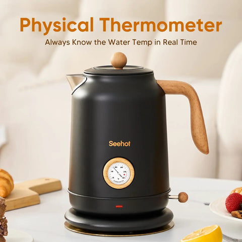 Heavy Duty 1.7L Electric Kettle With Thermometer, 1200W Fast Boil, 304 Stainless Steel, Auto Shut Off, Hot Water For Coffee And Tea, Perfect For Office Or Home, Black, displayed on kitchen counter