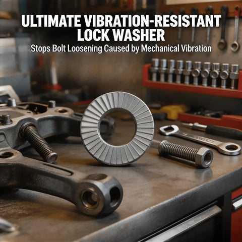 M8 Wedge Lock Washers 50 Piece Kit Rock Solid Anti Loosening Shakeproof Fasteners For Automotive Bolts on a workshop table.