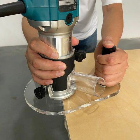 Close-up of Super Slick Clear Acrylic Router Base Plate For RT0701C And XTR01Z in use, showcasing detailed routing control and precision.