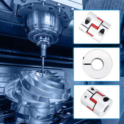 Meccanixity aluminum shaft coupling 10mm–10mm with jaw spider halves and red inserts.
