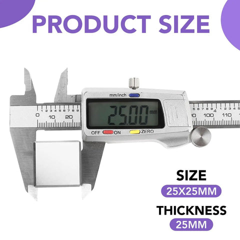 Beefy Ultra Strong 25x25x25mm Neodymium Block Magnets, Pack Of 2, shown with caliper measuring 25mm thickness