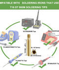 Heat Set Insert Tip Kit With Adaptor And 7 Tip Heads 300 Brass Inserts M2 M2.5 M3 M4 M5 Soldering Accessory Pack For Attaching 3D Printed Parts Compatible With FX888D T18 900M WLC100 SPG40 ST image showing soldering irons and brass insert dimensions.