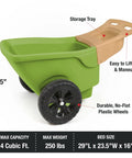 Easy Haul Wheelbarrow Green Garden Cart with wide wheel, steel frame, smooth maneuverability, side view with dimensions