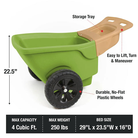Easy Haul Wheelbarrow Green Garden Cart with wide wheel, steel frame, smooth maneuverability, side view with dimensions