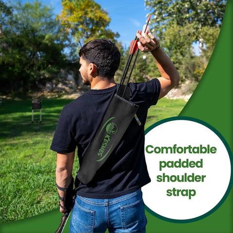 Back archery quiver holder worn with adjustable strap and belt clip, ideal for bow hunting, padded shoulder strap visible
