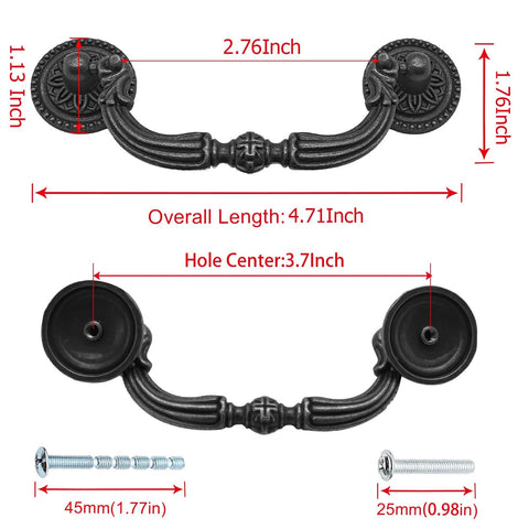 4 Pack French Provincial Drawer Pulls Antique Black With Mounting Screws European Style Vintage Handles, measurement details