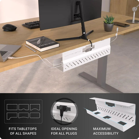 No Drill Cable Management Tray For Desks White Metal Wire Organizer installed under desk with easy cord access and no-drill design.