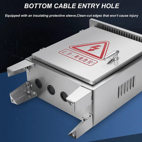 Heavy Duty 304 Stainless Steel Electrical Enclosure Box With Secure Safety Latch And Wall Mounting Plate, showcasing bottom cable entry hole design.