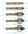 DKIBBITH countersink drill bit set, 5pc, 1/4-in hex shank, 82-degree countersinks, sizes 1/4 to 3/4 in