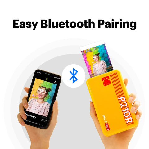 Mini 2 Retro 2x3 Portable Photo Printer With 38 Sheets, Bluetooth Printer for iPhone and Android, showing photo printing process in color.