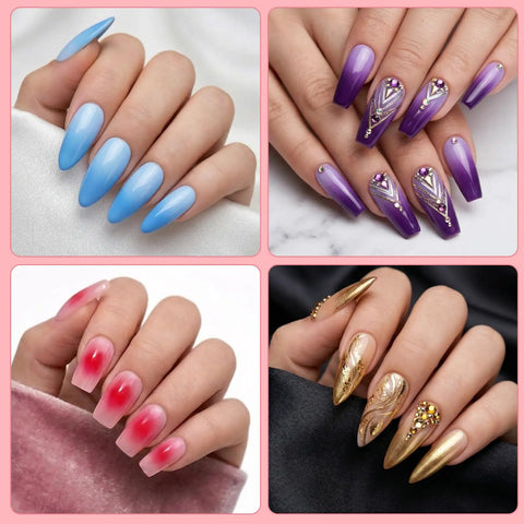 500 Piece Mini Nail Sponges Kit With Pickup Tool And Storage Box For Ombre Gradient Nail Art showcasing various designs