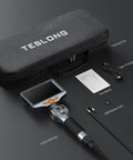 Two Way Articulating Borescope With Light, 5 Inch IPS Endoscope Camera, accessories shown with a carrying case