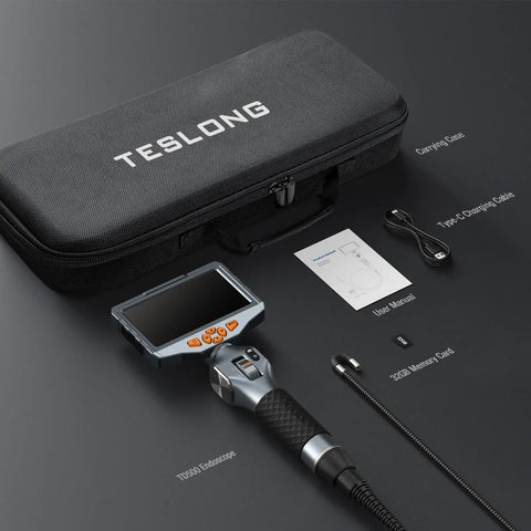 Two Way Articulating Borescope With Light, 5 Inch IPS Endoscope Camera, accessories shown with a carrying case