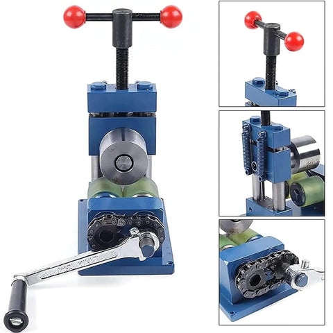 Heavy Duty Manual Ring Bending Press Machine with red handle, steel frame for shaping metal bands and cuffs.