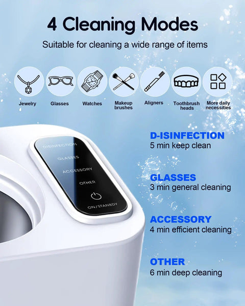 48KHz Ultrasonic Jewelry Cleaner Machine With Four Cleaning Modes display panel and cleaning options list