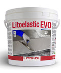 Bucket of Pro-Grade Two-Component Reactive Adhesive For Ceramic, Mosaic And Stone Tiles with trowel application depiction