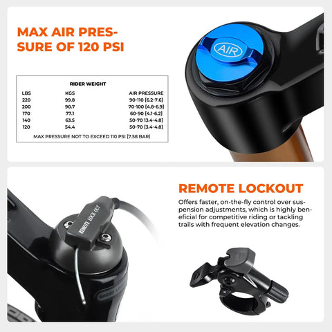 Alloy MTB Suspension Fork For 26 27.5 29 Inch Mountain Bikes With Tapered Or Straight Steerer, 100mm Travel, Manual Lockout Or Remote Lockout, 9mm X 100mm Axle, Disk Brake Compatible, Beefy Front Fork showing remote lockout feature.