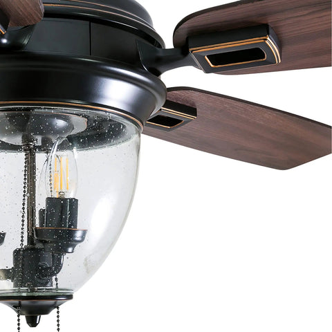 Close-up of Glencrest 52 Inch Indoor Outdoor LED Ceiling Fan with Light and Pull Chain, showing bronze blades and glass light fixture