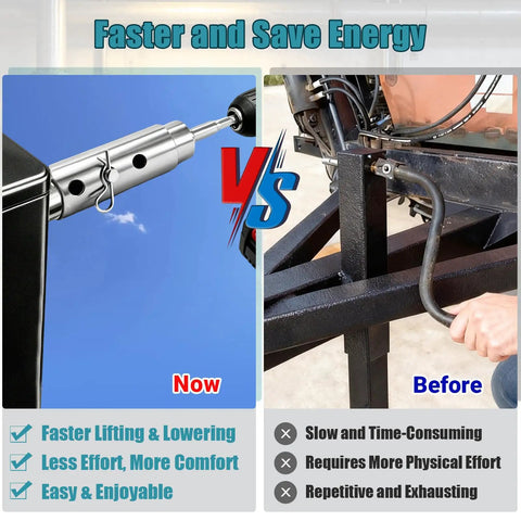 Comparison of Heavy Duty Stainless Steel Trailer Jack Drill Adapter For 1 Inch Drive Shafts showing fast lifting vs manual effort.