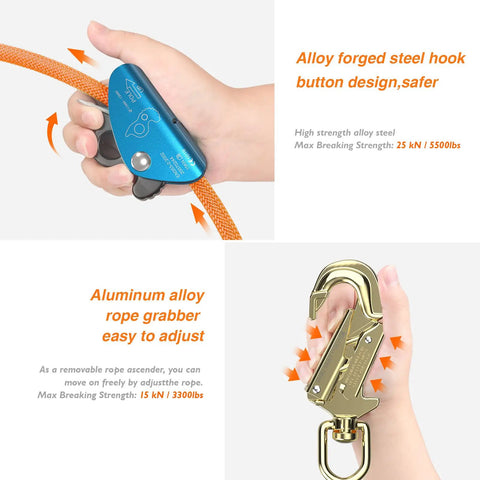 Person holding Heavy Duty Tree Climbing Flip Line Kit with 1/2 Inch Steel Wire Core And 8 Foot Length Triple Lock Carabiner