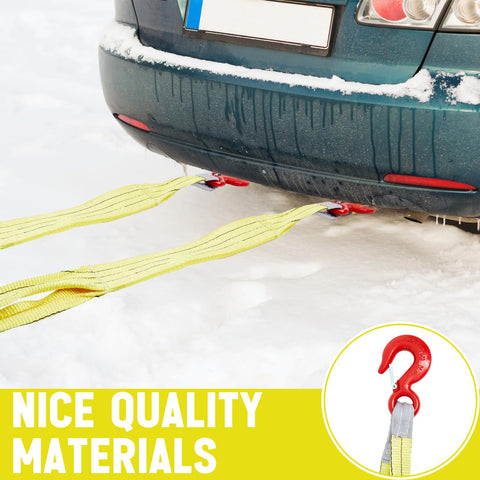 Heavy Duty 2 Piece Web Sling Set With Two Leg Bridle Straps And Twist Eye Lift Hooks towing a car in snow