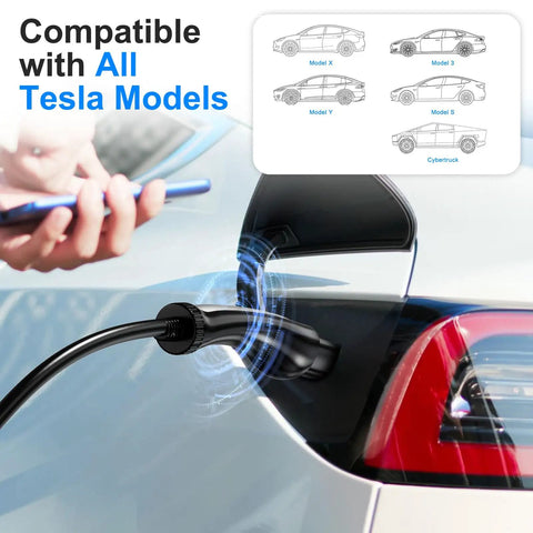 Tesla Level 2 48 Amp EV Charger With App Control For Easy At Home Charging 240V Hardwired Adjustable plugged into a car