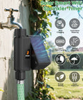 Solar Powered WiFi Sprinkler Timer With Rain Delay Manual And Automatic Modes, Alexa And Smart Life App Control, USB C Backup Charging, Garden Hose Watering Controller For Lawns And Yards attached to outdoor faucet with icons displayed