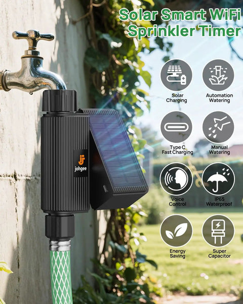 Solar Powered WiFi Sprinkler Timer With Rain Delay Manual And Automatic Modes, Alexa And Smart Life App Control, USB C Backup Charging, Garden Hose Watering Controller For Lawns And Yards attached to outdoor faucet with icons displayed