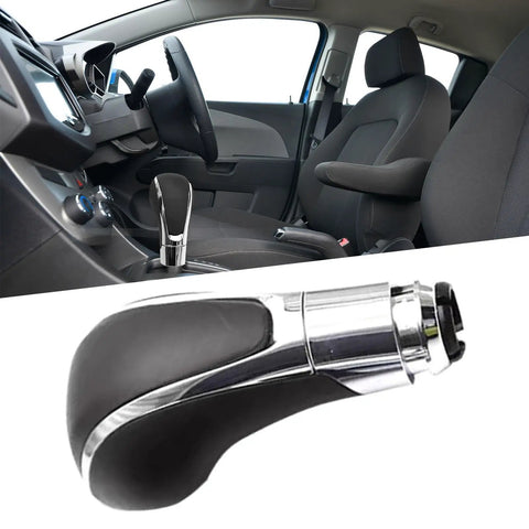 Upgrade Your Drive With This Durable Car Interior Shifter Head Transmission Gear Shift Lever Knob That Boasts A Super Comfy Grip And Sleek Metal Plastic Build For Easy Direct Install No Mods Needed On Many Models, black metal plastic gear shift knob shown in car interior and close-up