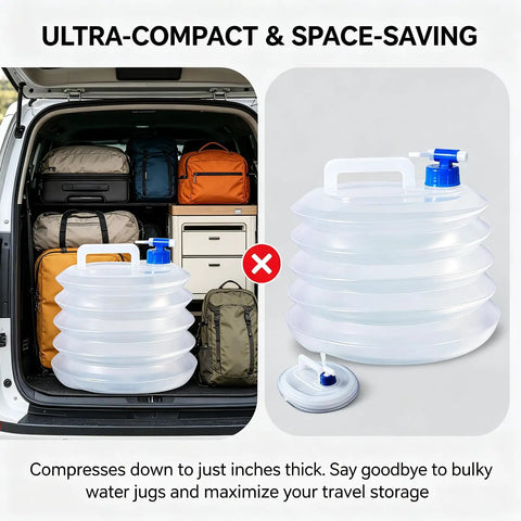 Portable Collapsible Water Container With Spigot For Camping And Road Trips in 10L, shown in van with camping gear