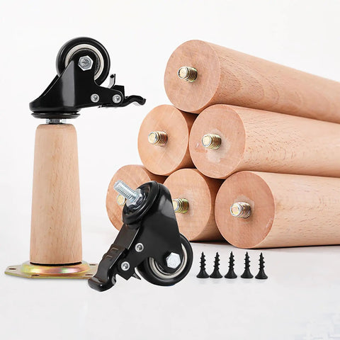 4 Pack Solid Beech Wood Furniture Legs With Wheels And Brakes Tapered Replacement Feet For Couch Bed Chair Dresser And Cabinets