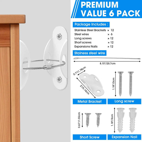 Heavy Duty Anti Tip Furniture Anchors 6 Pack Metal Wall Straps Keep Little Kids Safe And Secure Rock Solid Earthquake Fasteners showing wall straps and screws.