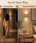 2 Pack Rechargeable Wall Sconces with Motion Sensor and Magnetic Mount in hall with sensing mode and always-on mode settings.