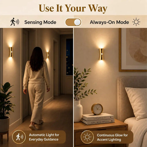 2 Pack Rechargeable Wall Sconces with Motion Sensor and Magnetic Mount in hall with sensing mode and always-on mode settings.