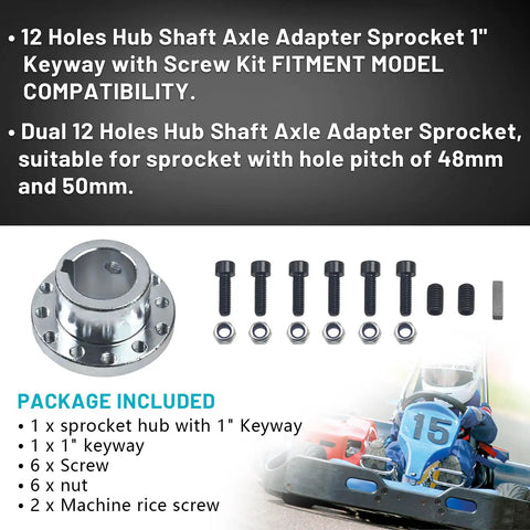 Beefy Steel Hub Shaft Axle Adapter Sprocket Twin Six Hole Build with one inch keyway and screw kit for go karts and golf carts.