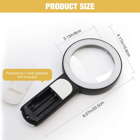 Dimensions of 3.15 inch lens Handheld Magnifying Glass With Light 18 LED Light Three Modes Ultra Bright For Seniors Reading