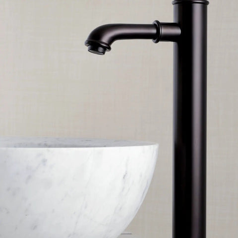 Single Handle Vessel Sink Faucet in Brushed Nickel, Deck Mount, Drip Free Ceramic Disc, Brass Zinc Alloy Build, side view.