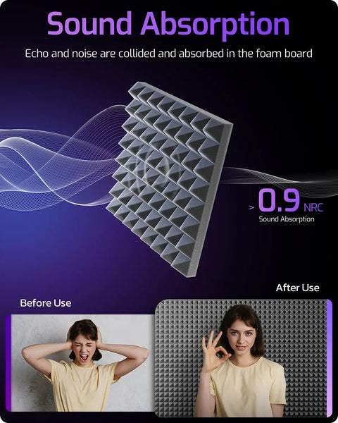12 Pack Pyramid Soundproof Foam Panels For Walls Deliver Pro Level Acoustic Treatment to kick stubborn reverb, showing sound absorption before and after use.