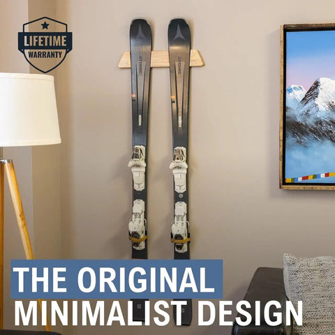 Dope Horizontal Wood Ski Rack Wall Mount With Calibrated Brackets Natural Oak Finish Heavy Duty Storage For Garage Cabin Game Room Holds Fifty Pounds, displaying two skis mounted on a wall.